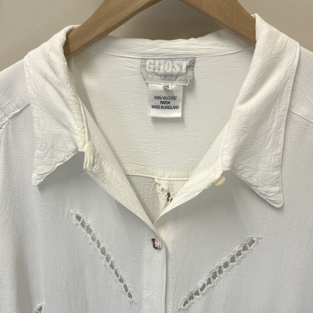 Vtg Ghost Button Down Blouse Top Women Medium White Cutwork 90s Edwardian UK - Picture 3 of 8